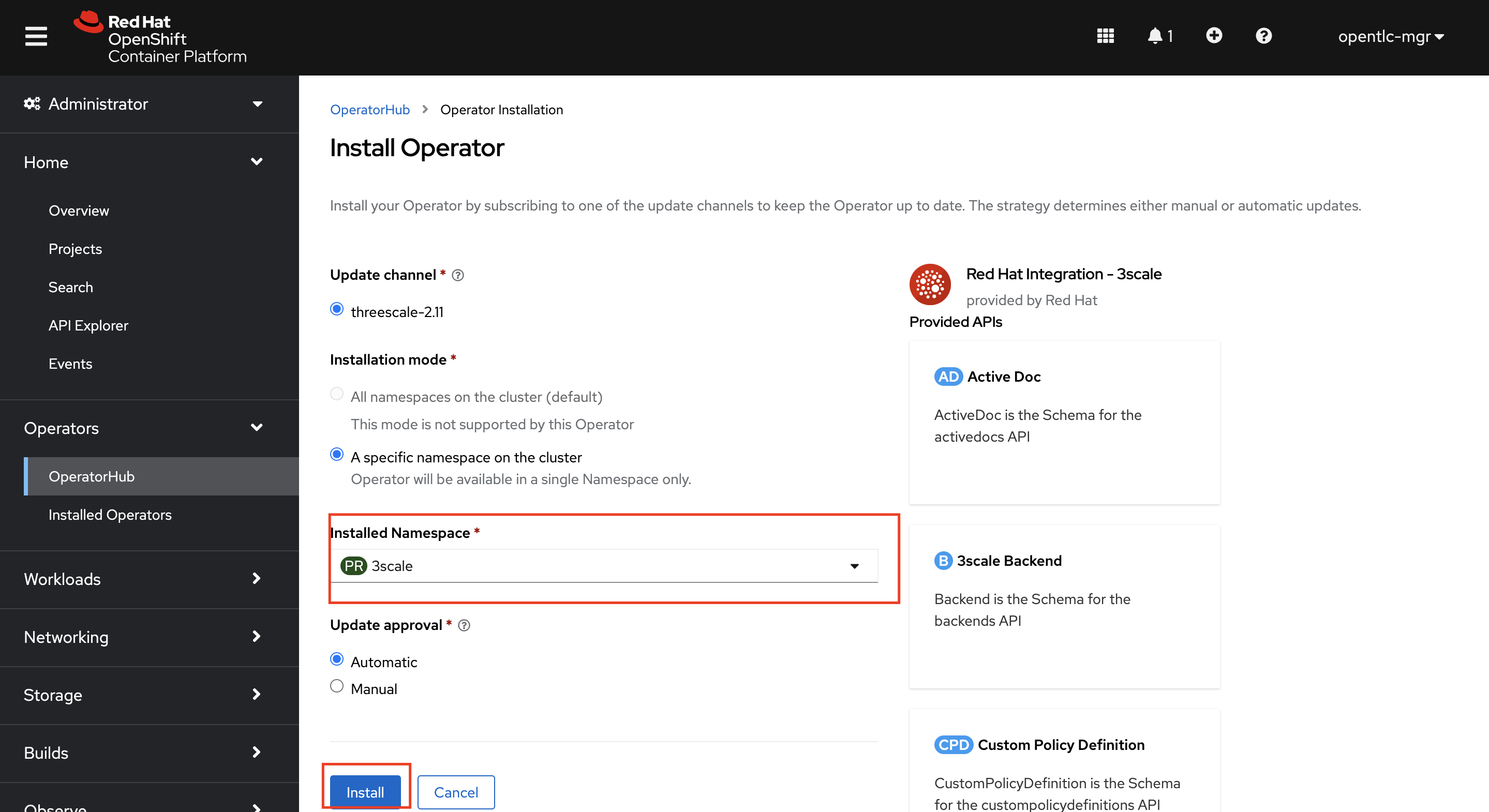 operator namespace selection 3scale